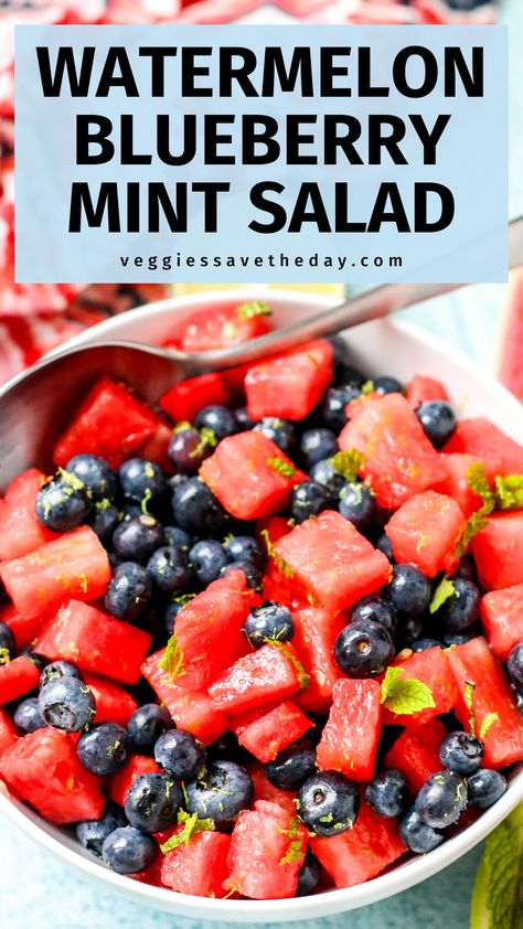 Easy to make in 15 minutes, everyone loves this healthy and refreshing 5 ingredient Watermelon Blueberry Mint Salad! Perfect for summer snacking, picnics, and barbecues, it's naturally flavored with fresh lime juice and a hint of pure maple syrup. Watermelon Lime Mint Salad, Watermelon And Blueberries, Watermelon Blueberry Mint Salad, Blueberry Watermelon Salad, Watermelon Mint Salad, Blueberry Salad, Blueberry Mint, Summer Salads With Fruit, Summertime Recipes