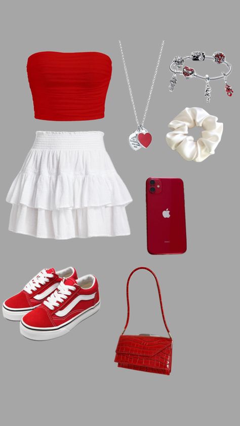 Red Cute Outfits, Short Skirt Outfits Summer, Outfits Theme Park, Six Flags Outfit, Cute Easy Outfits For School, Cute Dress Outfits, High Fashion Outfits, Casual Preppy Outfits, Looks Party