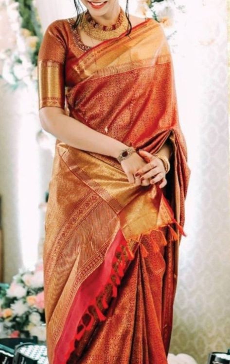 ( UNDER EDITING ) As he pulled her veil up his eyes darkened, Jaw… #romance #Romance #amreading #books #wattpad Regal Saree Look, Sri Devi Saree, Manthrakodi Blouse Designs, Red Kanchipuram Saree Bride, Kanjeevaram Blouse Designs, Manthrakodi Saree Christian, Drapery Fashion, Regal Saree, Christian Bridal Saree