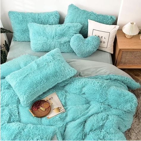 MorroMorn 5 PCS Shaggy Duvet Cover Bedding Set - Long Faux Fur Luxury Ultra Soft (Aqua, Full/Queen) White Fluffy Bedding, Turquoise Bedding, Heart Shaped Pillow, Hot Gril, Orange Duvet Covers, Pink Bedding Set, Fluffy Duvet, Zipper Bedding, The Hug