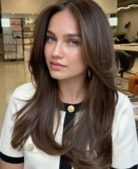 Straight Hair Dark Brown, Best Hair Color For Brown Skin, Dark Hair Green Eyes, Haircuts Brunette, 90s Layered Hair, Russian Makeup, Brunette Style, Hair Color For Brown Skin, Subtle Layers