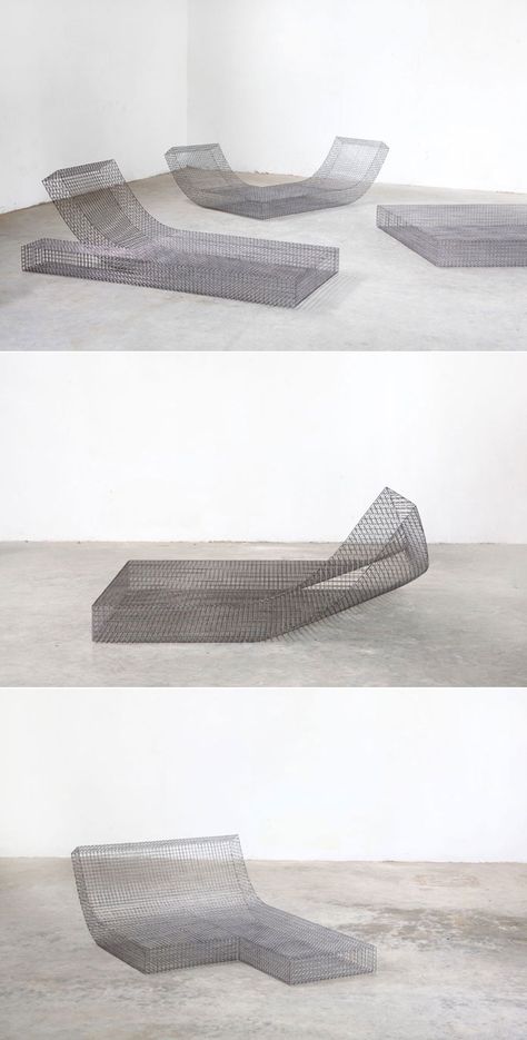 Different minimalist wire mesh loungers created by Belgian design studio Muller van Severen. Mesh Interior Design, Wire Mesh Art, Mesh Furniture, Mesh Architecture, Wire Furniture, Room Ideas Interior Design, Belgian Design, Comfy Office Chair, Interior Design Degree