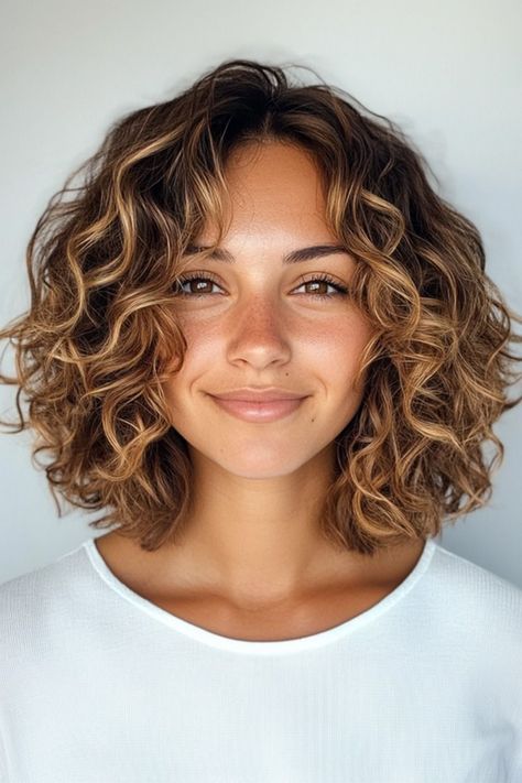 Enhance your short curly hair with Balayage highlightsThis freehand coloring method adds natural tones that bring out the beauty of your curls. Mini Highlights Curly Hair, Balayage Short Curly Hair Brunette, Short Curly Ombre Hair, Lob For Curly Hair, Curly Short Hair Highlights, Medium Length Thick Curly Hairstyles, Highlights On Short Curly Hair, Short Curly Highlights, Highlights Short Curly Hair