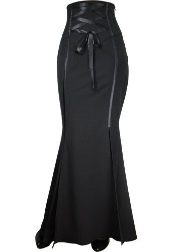 This stunning plain black fishtail skirt features corset lacing across the front at the waist and some beautiful satin style seamed structure lines to highlight the shape of the skirt. Victorian Skirt, Long Black Skirt, Gothic Skirt, Gothic Skirts, Corset Skirt, Gothic Corset, Fishtail Skirt, Beautiful Skirt, Steampunk Clothing