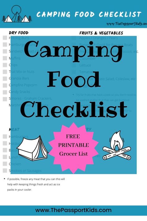 An easy weekend camping food checklist with camping meal plans and printable pdf grocery checklist! Make camping meal planning easy! Includes all food items list, ideas for campsite cooking, and more! #campingfood #campingfoodideas #foodchecklist #campingfoodlist #campingmeals #mealscamping Camping Shopping List Food, Food List For Camping, Camping Grocery List, Camping Pantry, Camping Food Packing, Camping Food Checklist, Campfire Cooking Recipes, Food Checklist, Meal Planning Easy