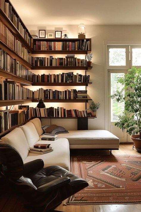 Books Furniture Ideas, Office In Home Ideas, Books In Room Ideas, Industrial Home Library, Den Living Room Ideas, Bedrooms With Books, Library Home Ideas, Book Shelves Bedroom, Loft Library Ideas