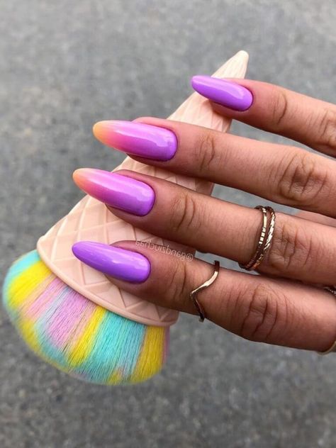 Purple and peach ombre nails Purple Ombre Nail Designs, Orange Ombre Nails, Nails Photos, Purple Ombre Nails, Sunset Nails, Pink Purple Ombre, Yellow Nail Art, Pink Chrome Nails, Ombre Manicure