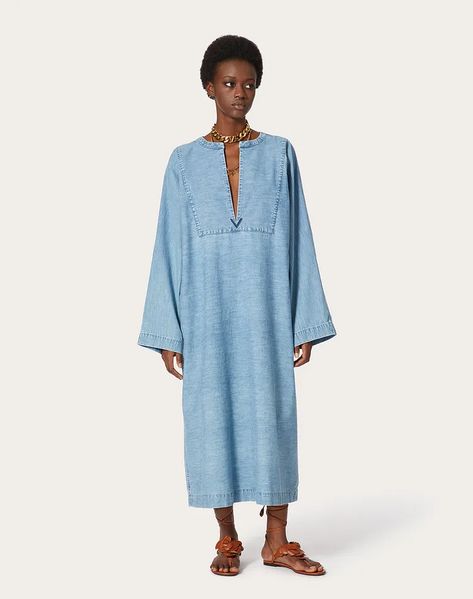 valentino chambray denim long kaftan - woman - denim Kaftan Designs, Long Kaftan, Dress Design Sketches, Denim Collection, Designer Jeans, Light Blue Color, Dress Design, Lanvin, Summer Style