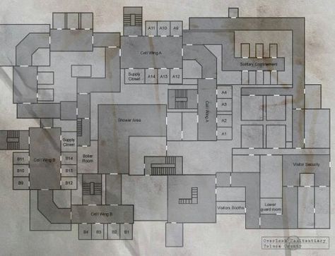 Prison Layout Prison Layout Design, Prison Architect Game Layout, Prison Layout Plan, Men Of Letters Bunker Layout, Prison Floor Plan, My Prison Roblox Layout, Prison Blueprints, Bloxburg Prison Ideas, Minecraft Jail Ideas