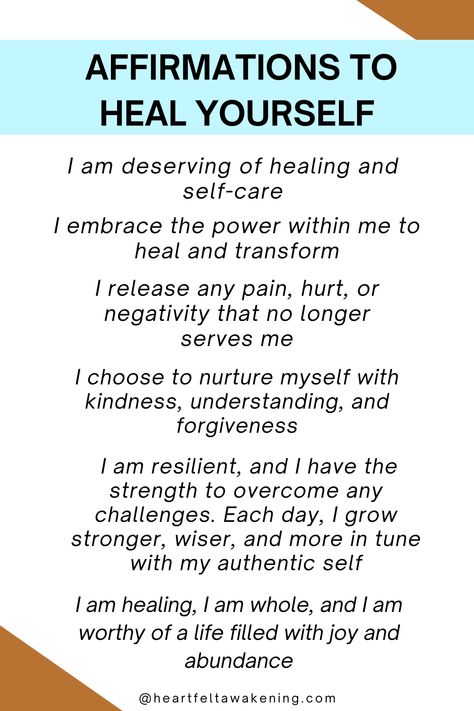 List of affirmation you can make to heal yourself Heal Affirmations, How To Heal Yourself, Nurture Yourself, Tarot Reading Spreads, Insight Timer, Healing Era, Spirituality Affirmations, Spiritual Ascension, Universal Energy