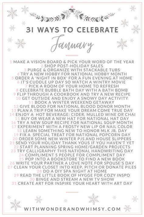 Things To Do On January 1st, 31 Ways To Celebrate January, Ways To Celebrate January, January To Do List, January Fitness Challenge, January Bucket List, January Challenges, January Planning, Celebrate January