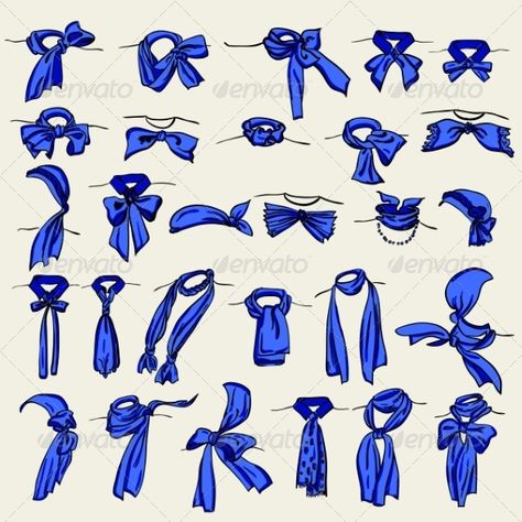 set of different neckerchiefs tied in different ways Tie Drawing, Tie Scarves, Headwear Fashion, Scarf Knots, Fashion Terms, Style Scarf, Fashion Vocabulary, Fashion Illustration Sketches, Retro Mode