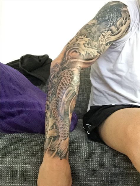 Oceanic Sleeve Tattoo, Asian Sleeve Tattoo, Men Eyebrows Grooming, Japanese Arm Sleeve, Devine Tattoo, Men Eyebrows, Koi Tattoos, Tattoo Arm Sleeve, Ocean Sleeve Tattoos