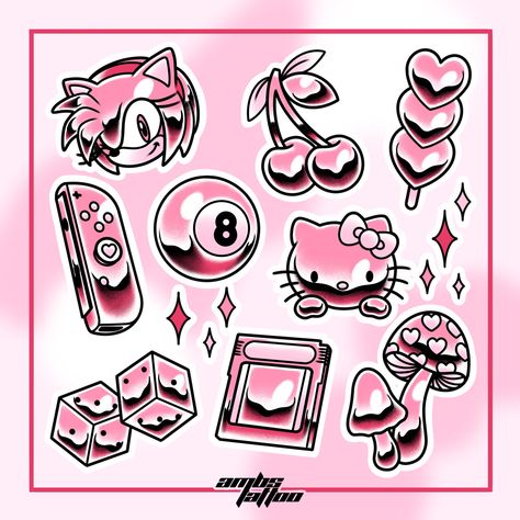 sonic amy rose, cherry, dango, nintendo switch joy-con, magic 8 ball, hello kitty, dice, gameboy, mushrooms chrome tattoo flash designs pink Y2K sanrio cute tattoos for women design ideas inspiration pink aesthetic pinkcore gamer metallic flash sheet Hello Kitty Tattoo Flash Sheet, Nintendo Flash Tattoo, Chrome Tattoo Flash, Video Game Flash Tattoo, Nintendo Switch Tattoo, Pink Tattoo Flash, Chrome Tattoo Designs, Nintendo Tattoo Ideas, Gameboy Tattoo