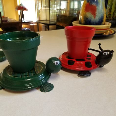 Painted Terracotta Saucers And Pots. Coated For Outdoor Use. Will Last For Years. 12.00 Each. Turtle And Ladybugs For Sale. Sew Socks, Mini Clay Pot Crafts, Spilled Flower Pot, Camp Decorations, Mini Crafts, Clay Turtle, Outdoor Christmas Planters, Terra Cotta Pot Crafts Diy, Pots Diy