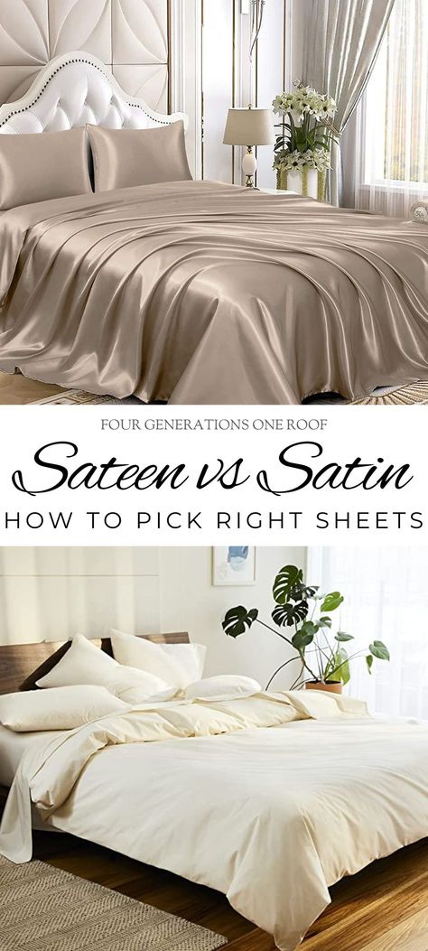 Taupe and white sateen sheets on a bed Ivory Bedroom, Silk Bed Sheets, Blogger Home, Silk Sheets, Satin Bedding, Satin Sheets, Luxury Sheets, Silk Bedding, Percale Sheets