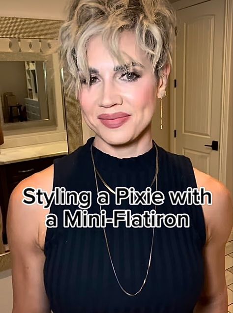 Pixie Cut Styling Tutorial, Curling Pixie Hair, Flat Iron Curls Short Hair, Curled Pixie Cut, Curled Pixie, Nasm Cpt, Pixie Cut Styles, Flat Iron Curls, How To Curl Short Hair