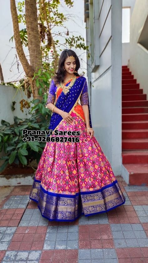 Ikkat silk lehengas with Kanchi border directly from weaver's call or Whatsapp at +91-7286827416 #ikkatsarees #ikkatsilksarees #ikat #ikkath #pochampally #pochampallysarees #silksarees #kanchipuram #ikkatkanchipuram #ikkatlehengas #ikkatduppatas #silklehengas #silkduppatas #kanchisarees #kanchilehengas #ikkatcotton #doubleikkat #doubleweaving Pochampally Blouse Designs Work, Half Saree Designs Simple, Silk Lehangas, Half Saree Function, Silk Lehengas, Mother Daughter Dresses Matching, Blouse Designs Catalogue, Bridal Sarees South Indian, Half Saree Lehenga