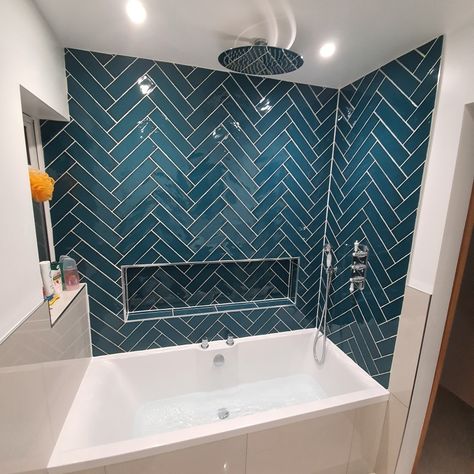 Topps Tiles Bathroom, Peacock Tile, Peacock Tiles, Green Herringbone Tile Bathroom, Blue Herringbone Tile Bathroom, Peacock Bathroom Decor, Herringbone Bathroom, Herringbone Tile Bathroom, Ensuite Shower Room