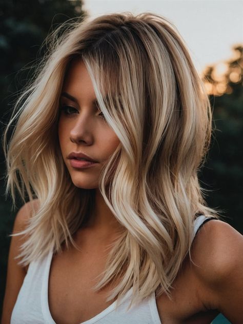 Hair Color For 38 Year Old Women, Just Past The Shoulder Length Hair, Summer Hair 2024 Bronde, Shoulder Length Balayage Blonde, Hair Cuts 2024trends Medium, Short Blonde Hair Layers, Natural Looking Blonde Hair, Summer 2024 Hair Color Trends, Blonde Shadow Root With Money Piece