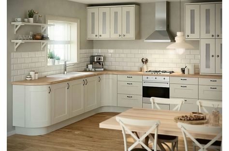 B&Q Brookfield Shaker Ivory Kitchen Prices, White Kitchen Design, Kitchen Wall Tiles, Rustic Kitchen Decor, Kitchen Units, Trendy Kitchen, Kitchen Fittings, Kitchen Tiles, Kitchen Layout