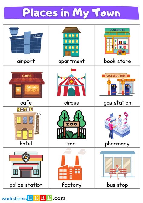 Places in My Town Flashcards, Town City Places Names List with Pictures - WorksheetsHere.com Names List, Name List, My Town, Place Names, Gas Station, Train Station, Coffee Shop, Square, Quick Saves