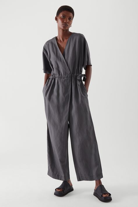 LINEN WRAP JUMPSUIT - DARK GREY - Jumpsuits - COS WW Minimalistic Outfits, Grey Jumpsuit, Wrap Jumpsuit, Linen Women, Fashion Brand, Dark Grey, Dresses For Sale, Contemporary Style, Fashion Inspo