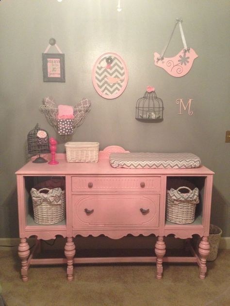 Love the idea of buying an old dresser and painting the inside to make it a bookshelf! Description from pinterest.com. I searched for this on bing.com/images Pink And Gray Nursery, Pink Dresser, Pink Furniture, Vintage Buffet, Kitchen Buffet, Nursery Theme, Grey Nursery, Painted Dresser, Brown Walls