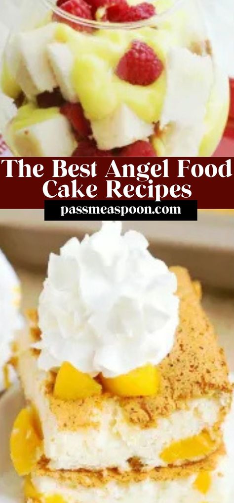 Angel food cake is a classic dessert known for its light, airy texture and subtle sweetness. We think it’s the perfect canvas for creative flavor combinations. Whether you’re looking to infuse your cake with tropical fruits, warm spices, or a touch of chocolate, there’s an angel food cake recipe for every occasion. Try one of these tasty recipes for your next event! Dump Cake With Angel Food Cake, Box Angel Food Cake Recipes, Angel Food Cake Topping Ideas, Angel Food Cake Toppings, Best Angel Food Cake, Angel Food Cake Recipes, Lemon Angel Food Cake, Chocolate Angel Food Cake, Vanilla Pudding Recipes