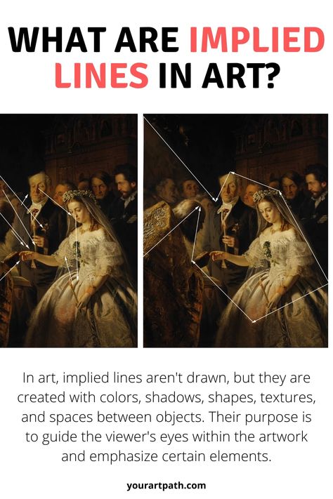 what are implied lines in art? In art, implied lines aren't drawn, but they are created with colors, shadows, shapes, textures, and spaces between objects. Their purpose is to guide the viewer's eyes within the artwork and emphasize certain elements. Lines In Art, Implied Line, Teaching Drawing, Art Theory, Art Basics, Painting Art Lesson, Art Courses, Figure Drawing Reference, Landscape Drawings