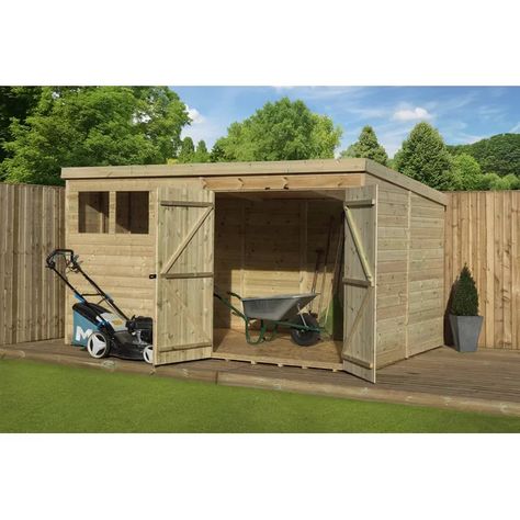 Sol 72 Outdoor Kaukauna 12 Ft. W x 8 Ft. D Shiplap Pent Wooden Shed & Reviews | Wayfair.co.uk Log Stores, Shed Shelving, Shed Tiny Home, Wooden Shed, Outdoor Storage Solutions, Shiplap Cladding, Shed Sizes, Window Glazing, Wood Garden