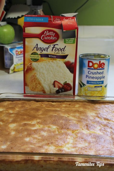 Pineapple Angel Food Cake  Ingredients 1 package Angel Food Cake Mix 1 20 ounce can of crushed pineapple  Directions Combine Angel Food Cake Mix and crushed pineapple in a Mixing Bowl by hand. Make sure and mix thoroughly so everything is combined  Pour into a 13 x 9 Baking Pan  Bake for 30 minutes at 350 degrees Pineapple Angel Food Cake, Pineapple Angel Food, Angel Food Cake Mix Recipes, Baking Desserts, Mix Recipes, Pineapple Cake, Crushed Pineapple, Cake Mix Recipes, Angel Food Cake