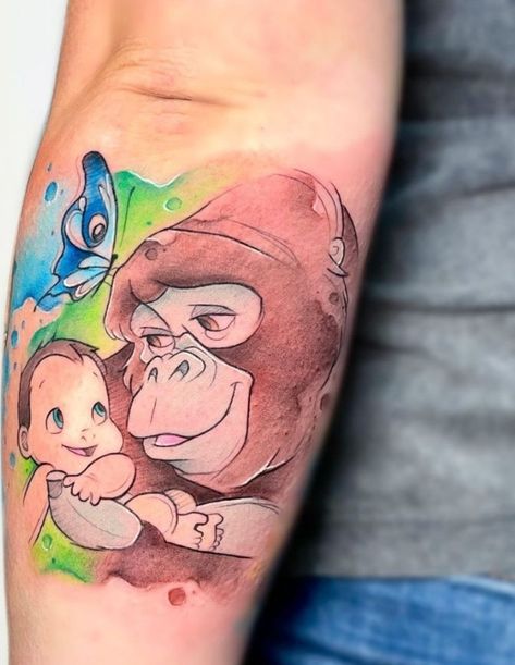 Tarzan Tattoo Ideas Disney, Disney Mom Tattoo Ideas, Tarzan Tattoo Ideas, Tarzan Tattoo, Alex Tattoo, Disney Stitch Tattoo, Tarzan Disney, Disney Sleeve, Stitch Tattoo