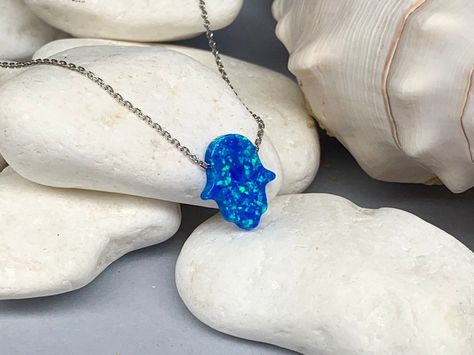 Metal Jewelry Handmade, Etsy Necklace, Blue Hamsa, Hamsa Hand Necklace, Fatima Hand, Blue Opal Necklace, Necklace Opal, Hamsa Pendant, Hamsa Necklace