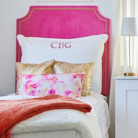 Our dorm bed headboard works with any twin dorm bed that isn't built in! This cute addition to your bed is a dorm room essential. Our sturdy headboards are also available in full/queen. Headboard Pillows, Dorm Room Headboards, Sorority Room, Dorm Headboard, Pink Dorm Rooms, Preppy Dorm Room, Pink Headboard, Dorm Bed, Dorm Room Styles