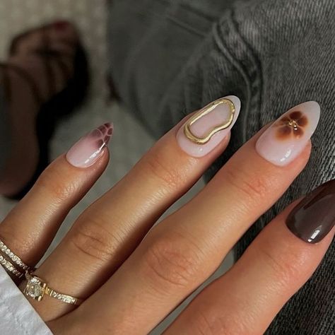 Bridesmaid Nails Design, Brooklyn And Bailey Nails, Multicolour Nails, Builder Gel Nails Design, Tortie Nails, Mismatch Nails, Mismatched Nail Art, Aesthetic Nail Designs, Autumnal Nails