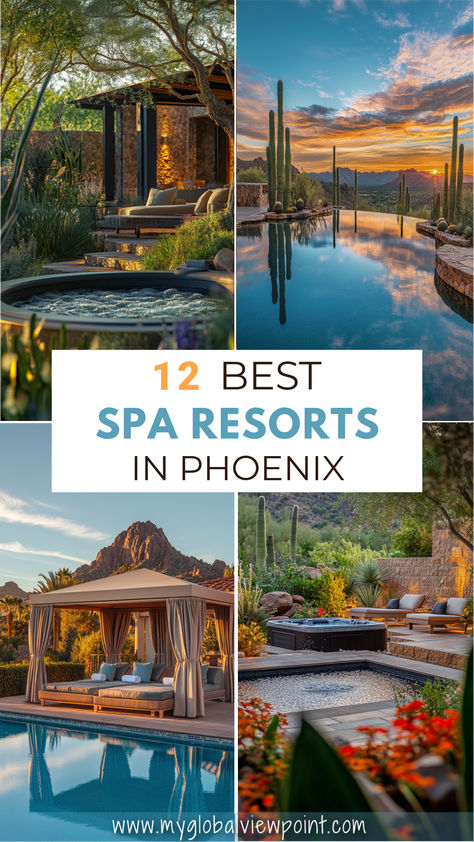 A serene collage of the top luxury spa resorts in Phoenix, featuring tranquil outdoor pools, lush desert landscapes with cacti, and cozy relaxation areas with views of stunning sunsets, showcasing the perfect blend of relaxation and natural beauty in Arizona. Arizona Wellness Retreat, Arizona Grand Resort And Spa, Civana Wellness Resort, Spa Resorts United States, Arizona Spa Resorts, Arizona Spa, Downtown Phoenix Arizona, Arizona Resorts, Women Wellness