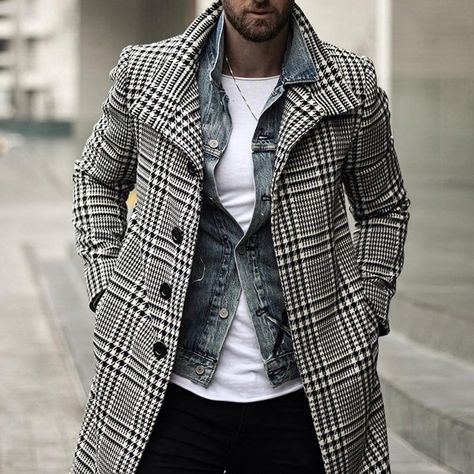 Wool Plaid Overcoat Men Peacoat, Plaid Trench Coat, Man's Overcoat, Peacoat Men, Plaid Wool Coat, Mens Wool Coats, Overcoat Men, Fits Streetwear, Mens Business