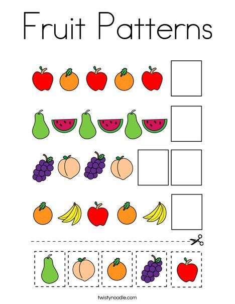 Fruit Patterns Coloring Page - Twisty Noodle Preschool Pattern Activities, Preschool Patterns, Ab Patterns, Fruit Crafts, Abc Patterns, Kids Vegetables, Twisty Noodle, Pattern Worksheet, Fruit Coloring Pages