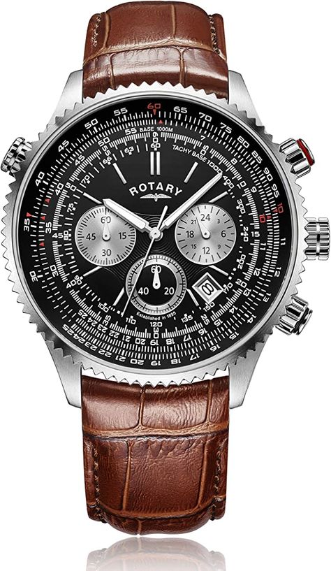 The Rotary Pilot design is heavily inspired by aviation aesthetics. A large, round dial marked with slide rule and chronograph functionality sits within a robust stainless steel case serrated case. Red accent colours on the dial bring a flash of contrast without being too garish. Seiko Men, Chrono Watches, Mens Chronograph, Aviator Watch, Brown Leather Strap, Two Tone Watch, Tag Heuer, Stainless Steel Watch, Leather Band