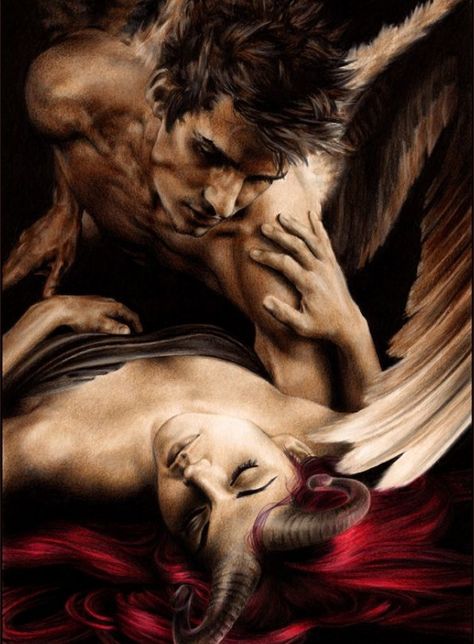 Angel And Demon In Love, Dark Anime Art, Samael Lilith, Samael Angel, Fallen Angel Wings, Kiss Painting, Angels Wings, Fantasy Love, Fallen Angels