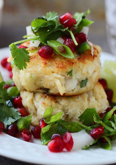 Crispy Crab Cakes with Pomegranate Salsa _ I’ve had a major thing for them since I tried the most perfect crab cake when I was 8 or 9 at this restaurant on the outskirts of Kansas City. I still vividly remember being astounded by how much I loved the taste of the sweet, briny crab! Pomegranate Salsa, Crispy Crab Cakes, Enjoy Your Meal, Crab Cake, Crab Cakes, Fish Dishes, Seafood Dishes, Fish And Seafood, Seafood Recipes