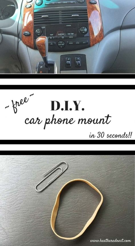 THIS IS SO GREAT!! DIY car phone mount life hack from www.heatherednest.com Diy Feathers, Iphone Car Holder, Iphone Car Mount, Car Cell Phone Holder, Car Life Hacks, Auto Shop, Iphone Holder, Diy Event, Mobile Holder