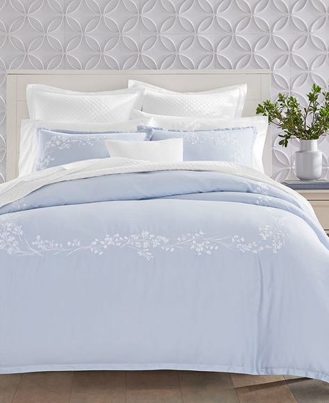 Charter Club Garden Stems 3-Pc. Duvet Cover Set, Full/Queen, Created for Macy's - Macy's Light Blue And White Bedding, Dusty Blue Bedding, Blue Teen Bedroom, Blue Teen Bedrooms, Light Blue Home Decor, Blue And White Bedding, Light Blue Bedroom, Cute Duvet Covers, Fluffy Comforter