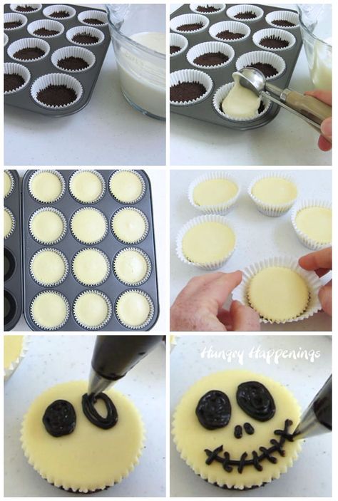 Jack Skellington Mini Cheesecakes, Halloween Cheesecake Cupcakes, Jack Skellington Cheesecake, Jack Skeleton Cupcakes, Jack Skellington Food Ideas, Jack Skellington Cupcakes, Halloween Cheesecake Ideas, Nightmare Before Christmas Food Ideas, Decorated Cheesecake