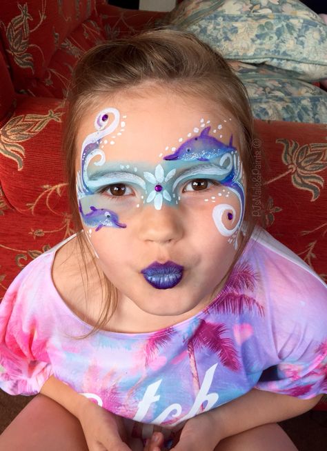 Under the sea dolphin facepaint.                                                                                                                                                                                 More Under The Sea Face Painting, Under The Sea Face Paint, Dolphin Birthday Parties, Dolphin Birthday, Dolphin Party, Face Painting For Boys, Sea Dolphin, Underwater Party, Face Paint Kit