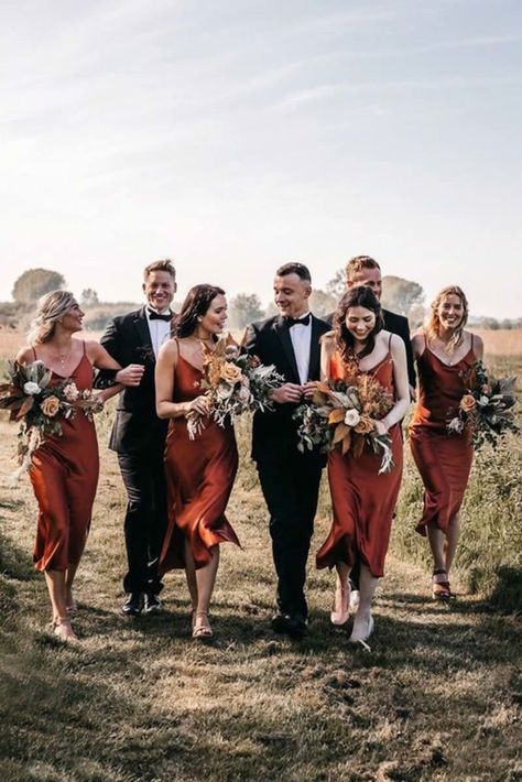 Terracotta And Black Wedding Party, Rust And Grey Wedding, Fall Reception, Sage Wedding Colors, Rust Wedding, Backless Bridesmaid Dress, Rust Bridesmaid Dress, Top Wedding Trends, Custom Bridesmaid Dress