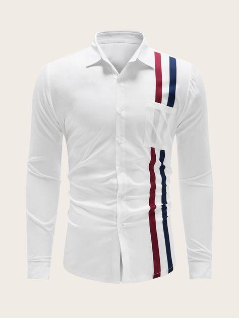 Free Returns ✓ Free Shipping On Orders $49+ ✓. Men Stripe Print Pocket Front Shirt- Men Shirts at SHEIN. Gents Shirt Design, Moda Peru, Gents Shirts, Stylish Shirts Men, African Wear Styles For Men, Latest African Men Fashion, African Dresses Men, African Shirts For Men, African Shirts