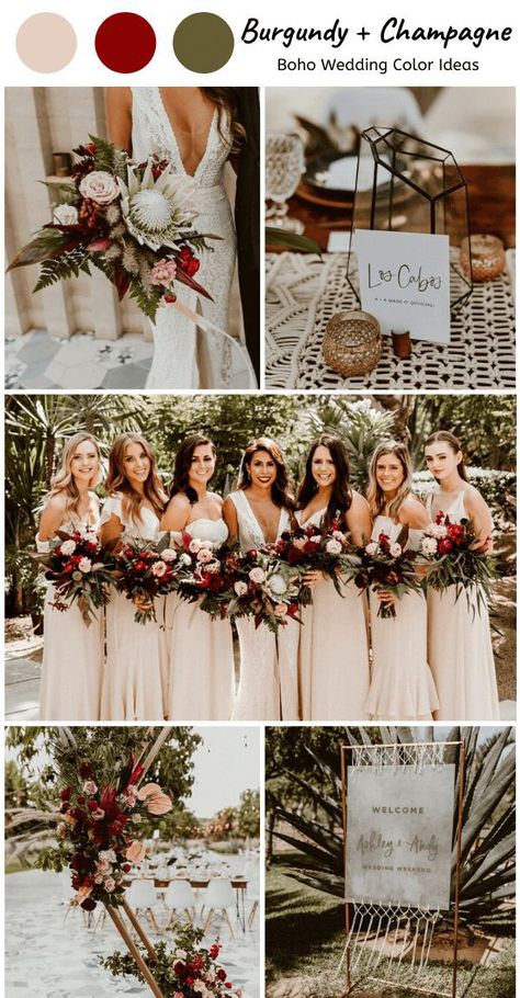 20 Burgundy and Champagne Wedding Colors & Ideas 2023 Burgundy And Champagne Wedding, Green And Burgundy Wedding, Champagne Wedding Themes, 2026 Wedding, Boho Wedding Colors, Champagne Wedding Colors, Burgundy Wedding Colors, Wedding Color Pallet, Burgundy Bouquet