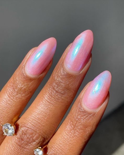 Melanated Mani aka Anna on Instagram: “The blue shimmer 😍✨💖 I’m wearing a midsummer’s dream from the new @mooncat collection! *pr #nails #pink #pinknails #mooncat…” Basic Nail Polish, Iridescent Nails, Pink Holographic Nails, Blue Prom Nails, Basic Nail, Blue Chrome Nails, Midsummer Dream, Pink Chrome Nails, Chrome Nail Art